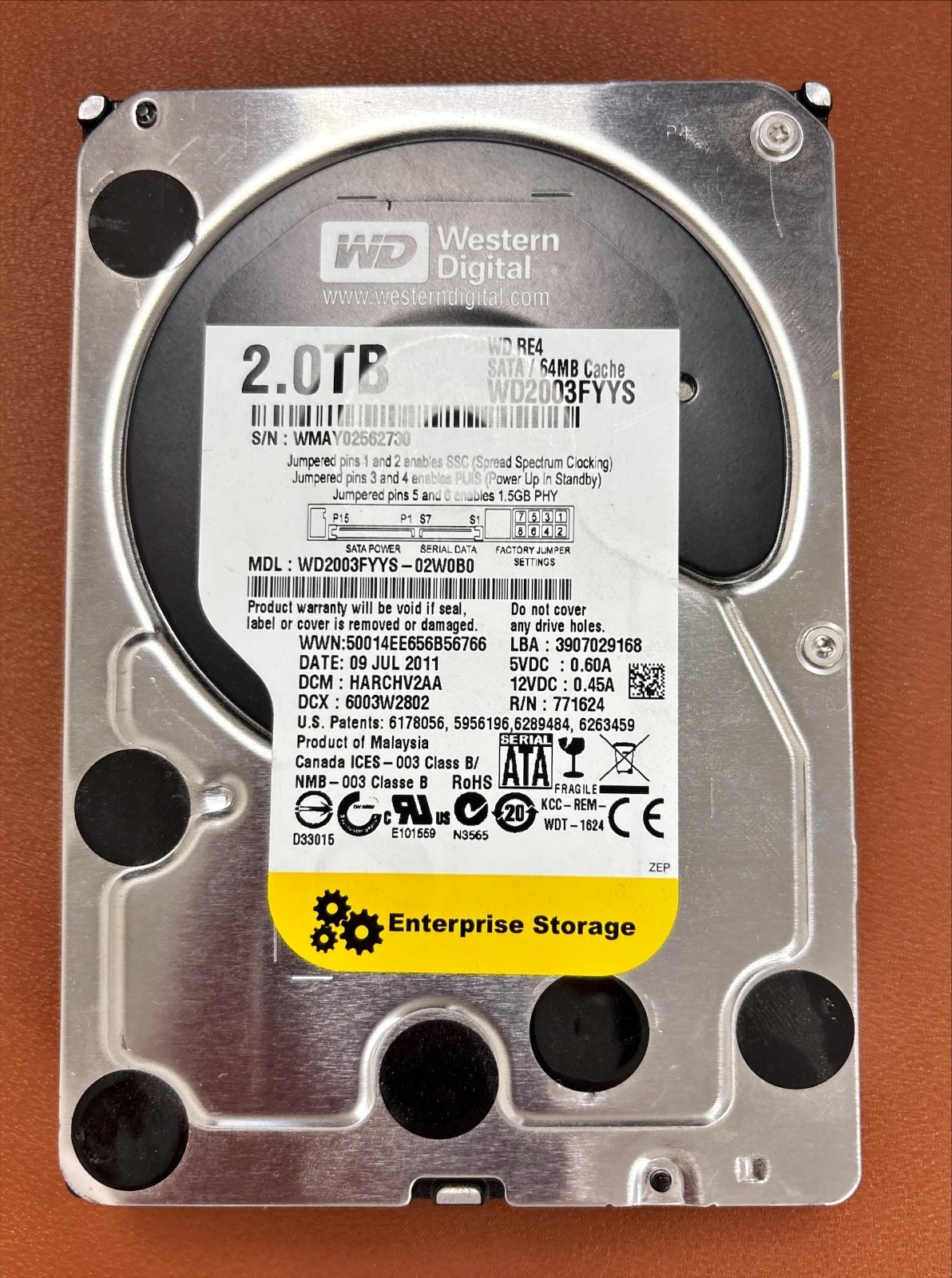 WD RE4 WD2003FYYS 2TB 3.5 in SATA 7200RPM HDD Tested Working