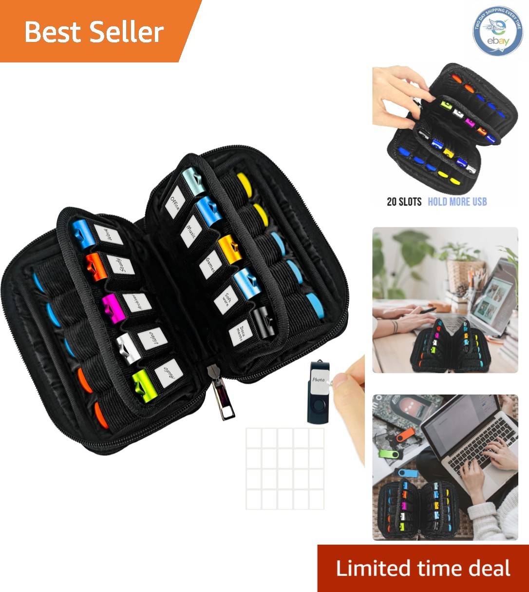 20-Slot Neoprene Flash Drive Organizer with Labeling Sheet for Easy Access