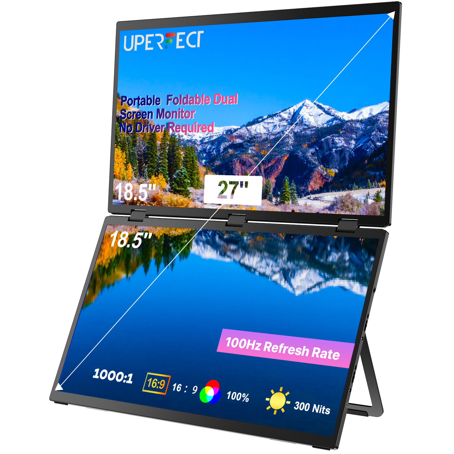 UPERFECT 18.5" Folding Portable Dual Screen Laptop Monitor Dual PC Monitor