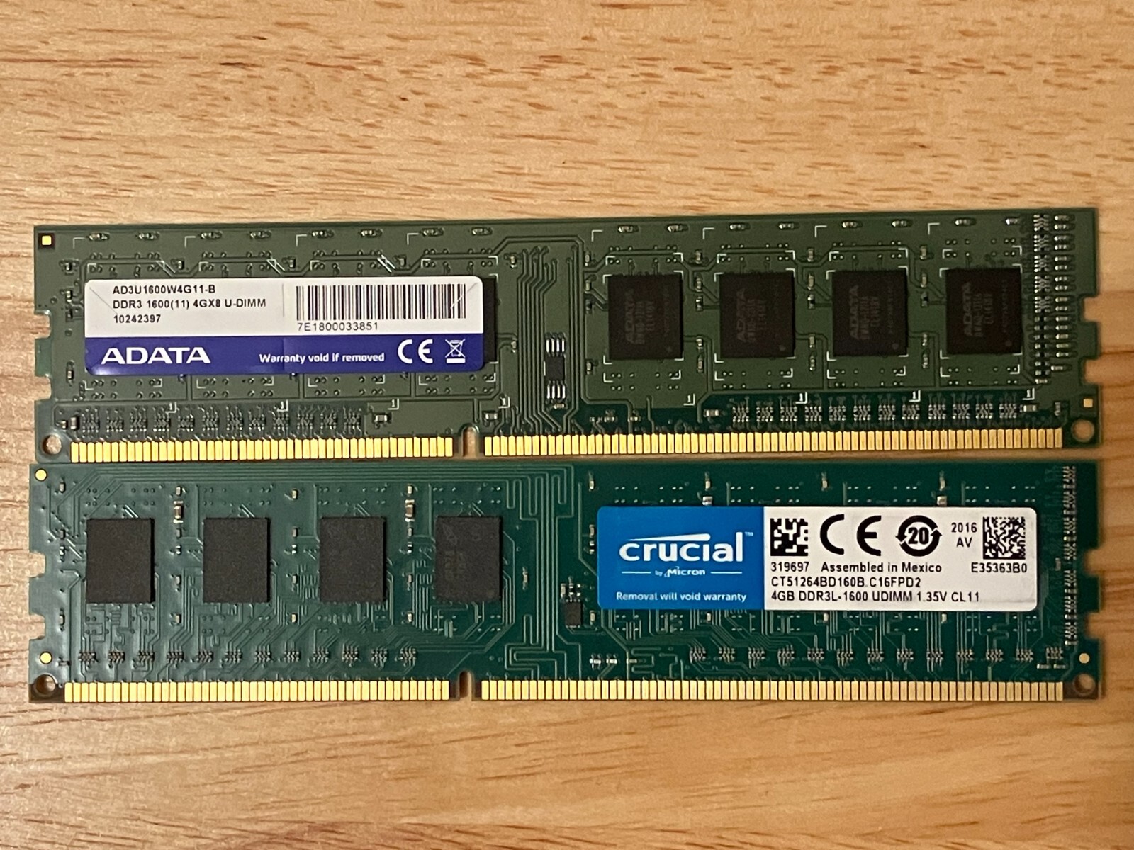 Gently Used ADATA Crucial 8GB DDR3 PC3-12800U, 1600 UDIMM Ram Kit