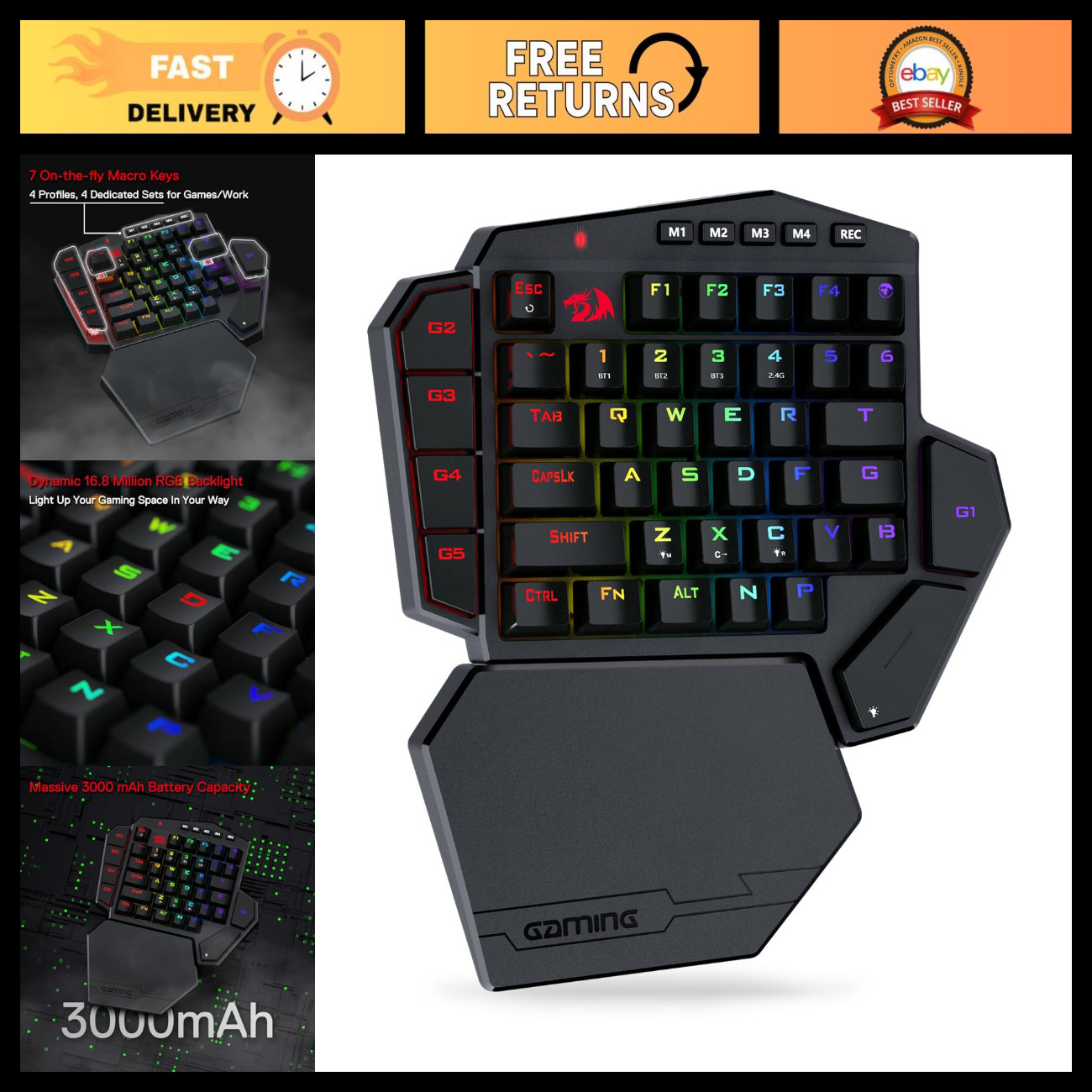 Wireless One-Handed RGB Gaming Keypad - 42-Key Layout, Mechanical Feel, Customiz