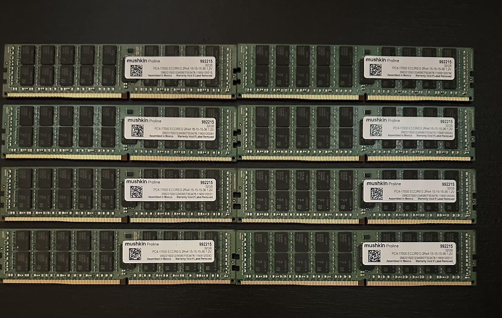 Lot of 8 - 32GB Mushkin Proline DDR4-2133 ECC RDIMM 2Rx4 (TESTED)