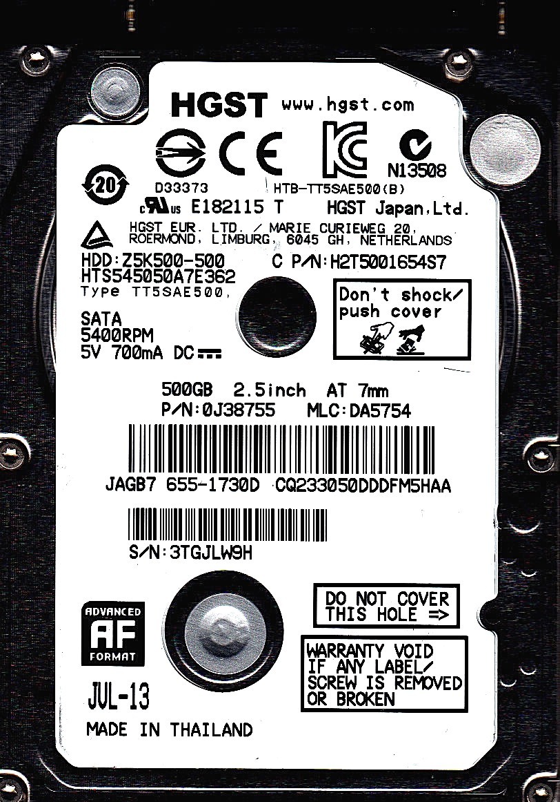 HGST HTS545050A7E362 pn: 0J38755 mlc: DA5754 apple 655-1730D 500GB 2.5 SATA 7426