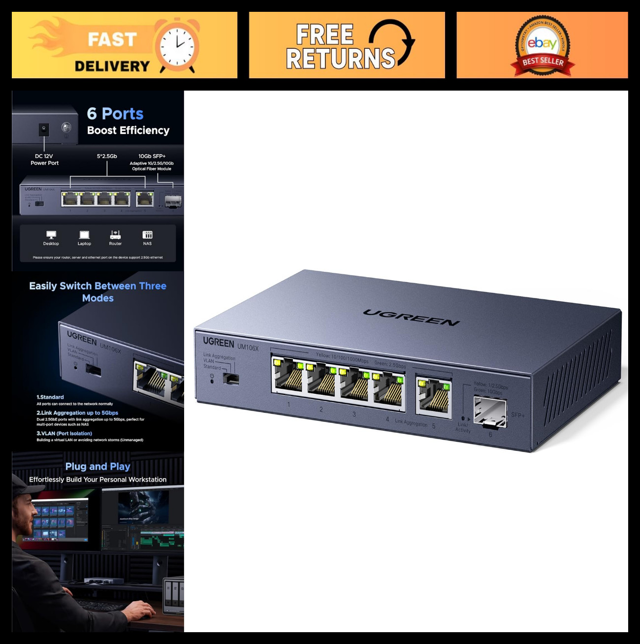 6-Port 2.5Gb Ethernet Switch, 5 x 2.5Gb + 1 x 10Gb SFP+, High-Speed Network Hub