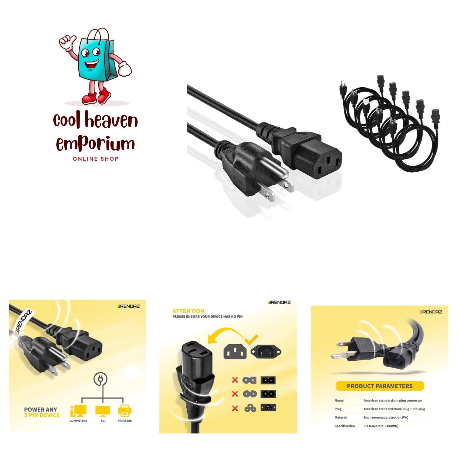 15ft. Universal PC Power Cord - 5 Pack- 3 Prong AC Power Cable Replacement fo...