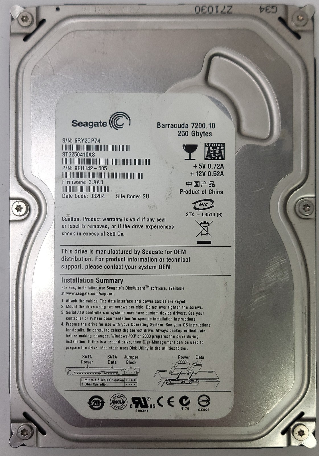Seagate ST3250410AS HDD ,3.5", 250 GB, SATA 300/ATAPI-7, Tested w/ pics