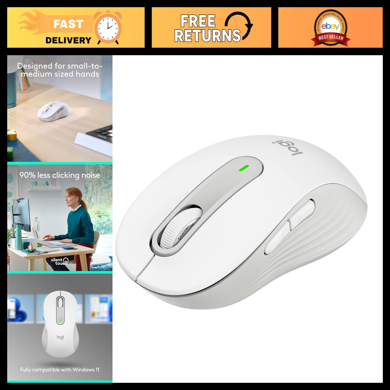 Wireless Mouse for Small to Medium Hands - Ergonomic Design, Off White Color