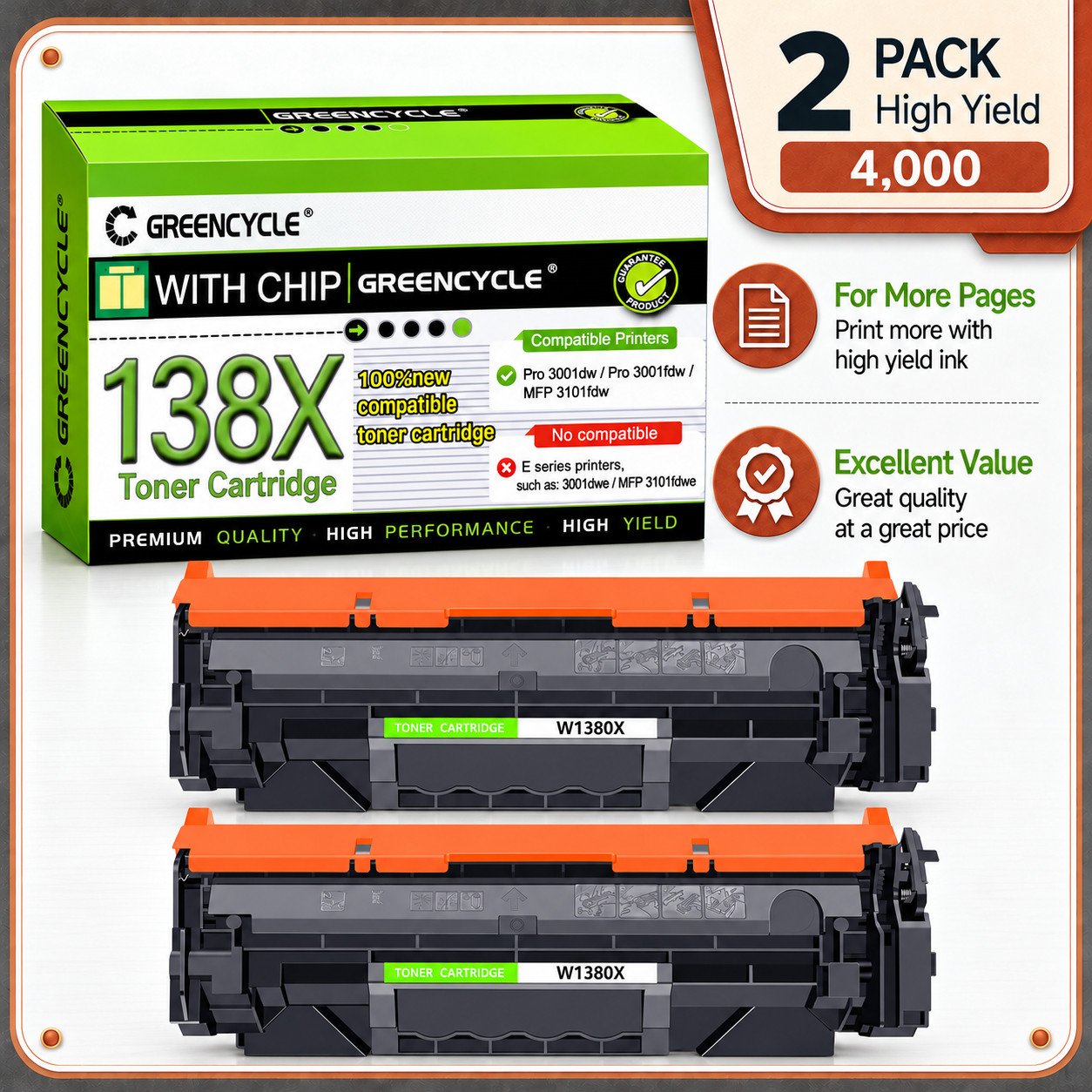 For HP LaserJet Pro 3001dw 3001fdw MFP 3101fdw 2 Pack 138X W1380X Black Toner