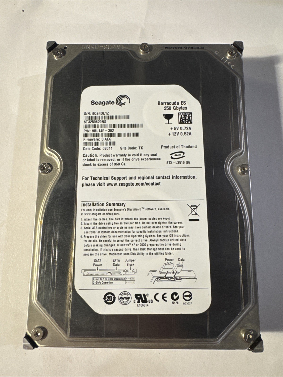 Seagate Barracuda ES.2 250GB Internal HDD 7200RPM 3.5'' (ST3250310NS)