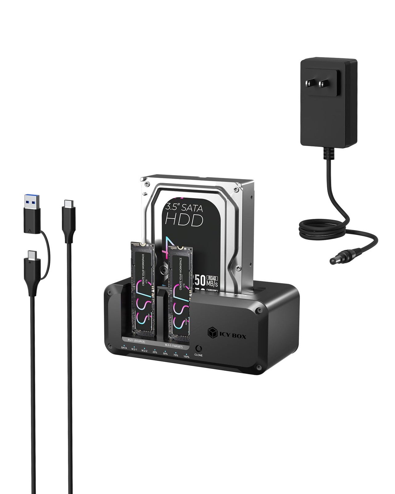M.2 NVMe and SATA SSD HDD Docking Station USB-C 10Gbps 3 Bay