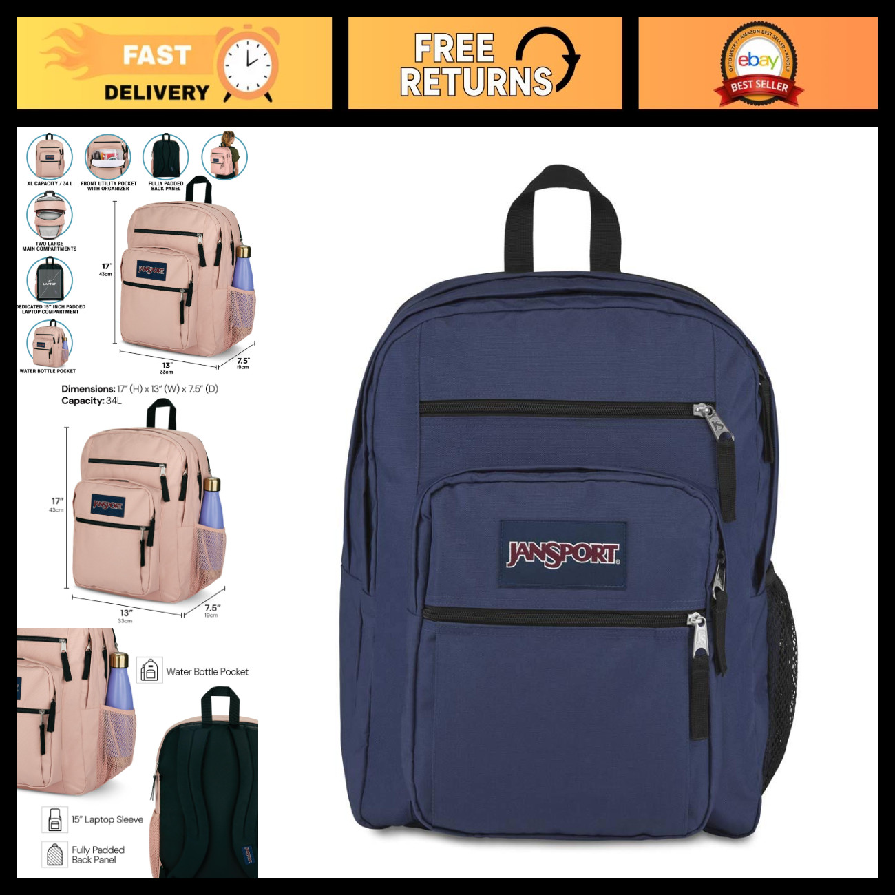 Laptop Backpack for 15” Laptop - Ergonomic, 2 Compartments, Haul Handle, Navy