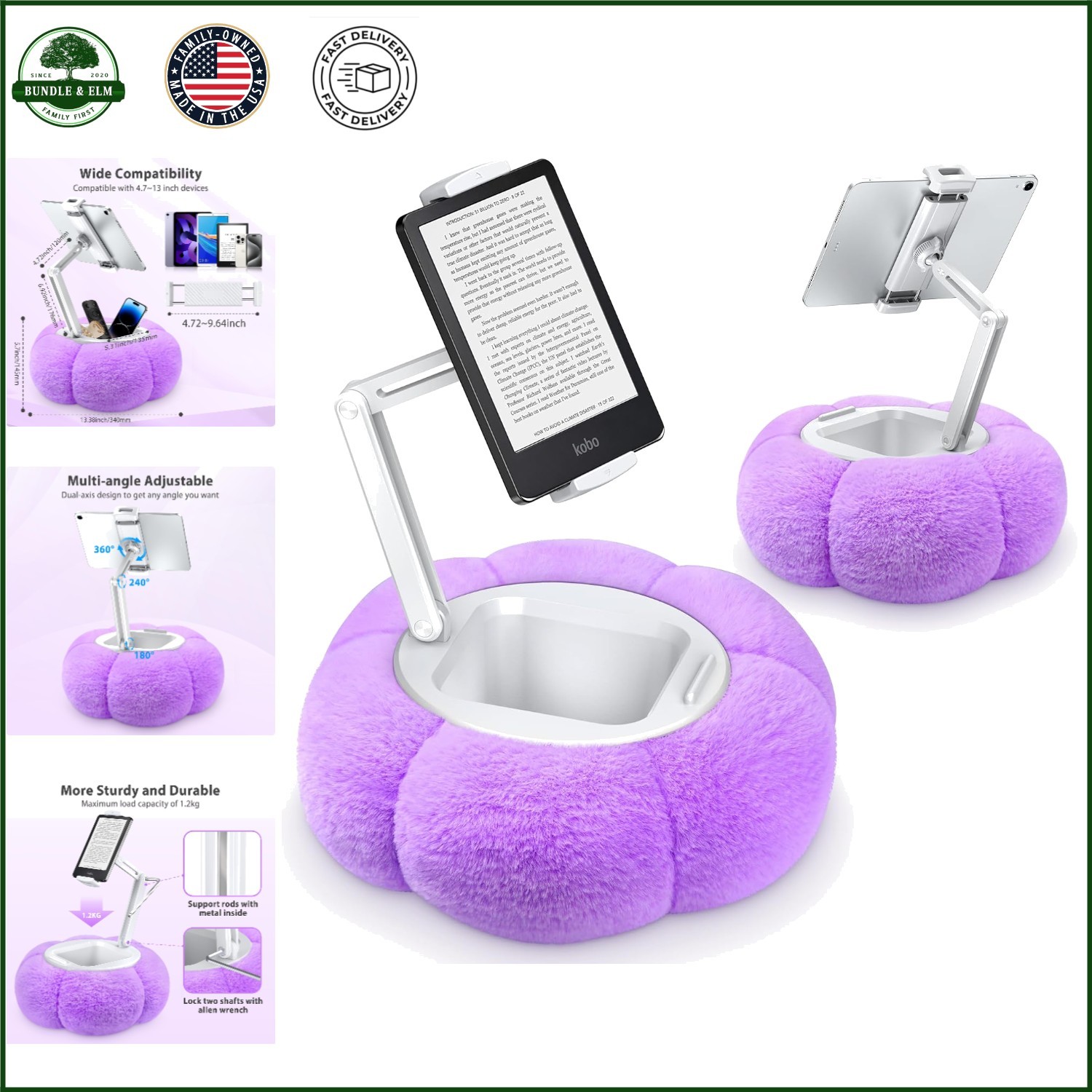 Adjustable Pumpkin Tablet Pillow Stand with Detachable Snack Bowl for Devices