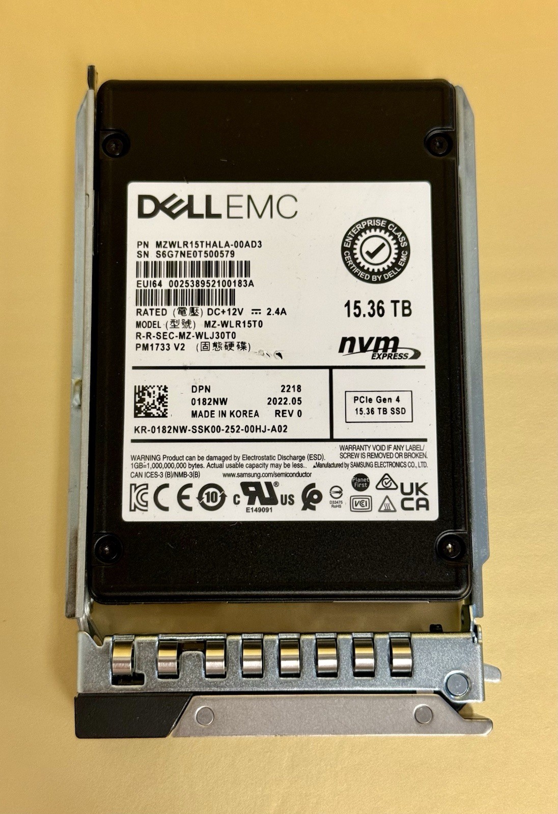 182NW DELL EMC 15.36TB PCIE GEN4 NVME 2.5'' SSD 0182NW MZ-WLR15T0