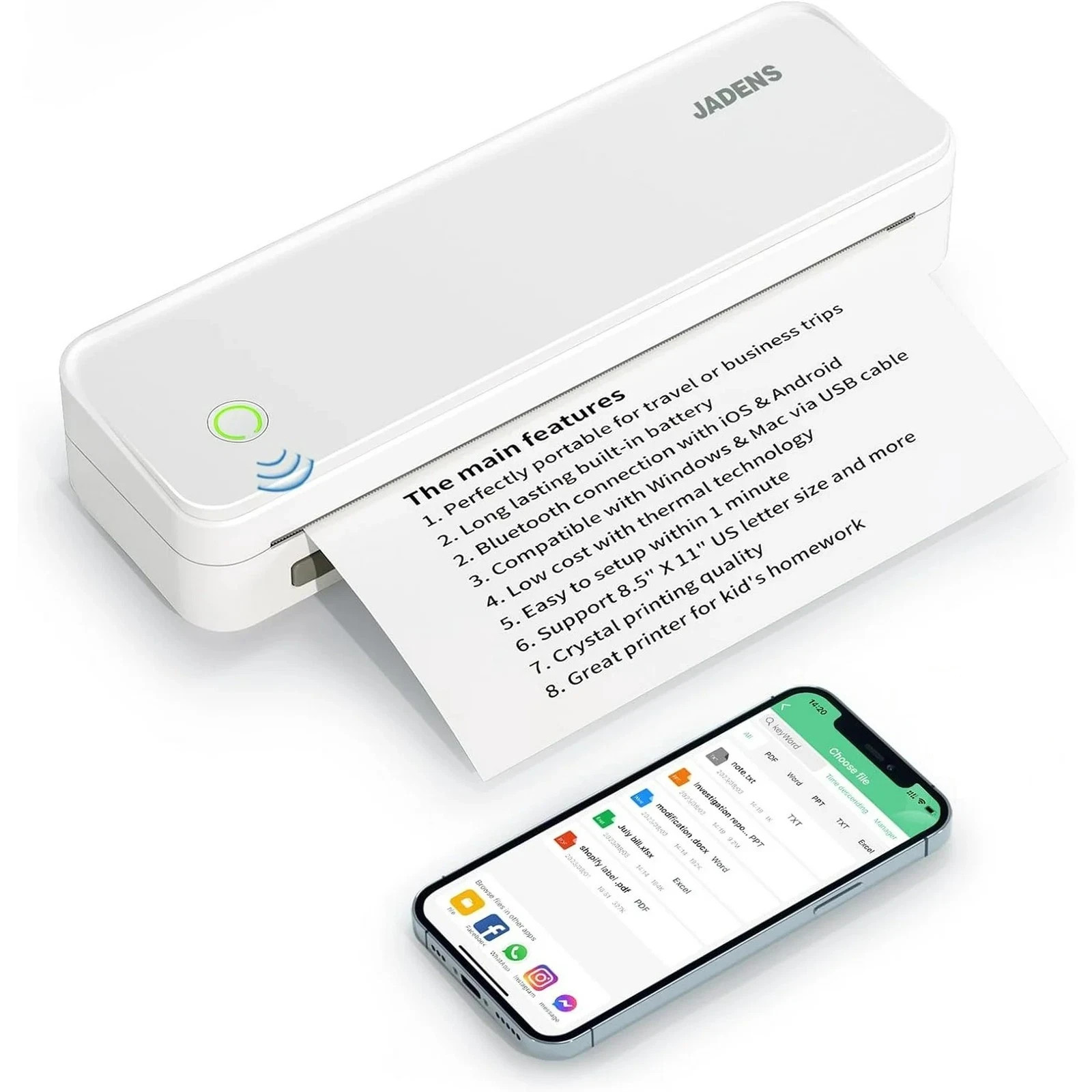 JADENS PD-A4 Wireless Portable Bluetooth Printer  8.5'' x 11''