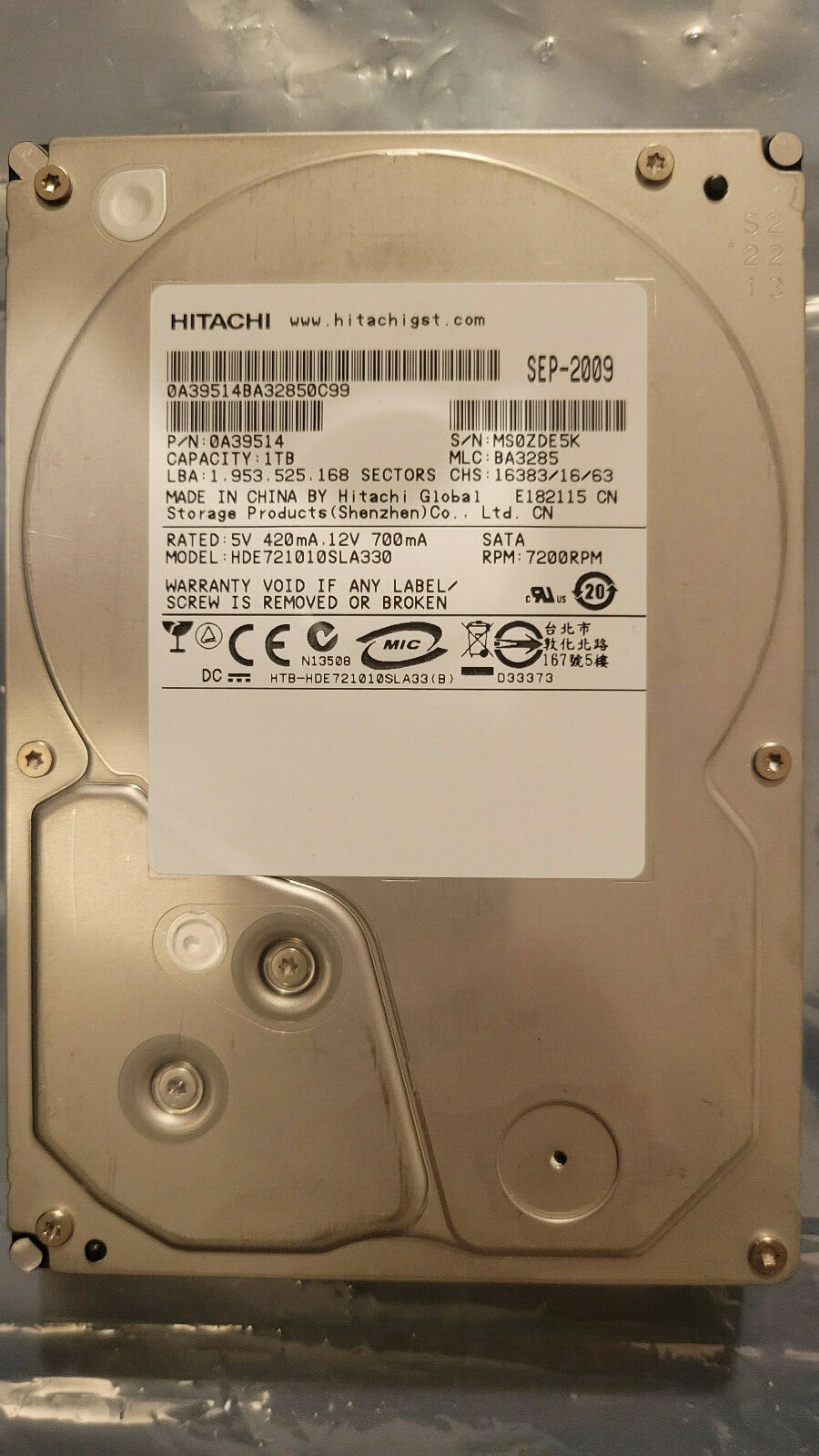 Hitachi HDE721010SLA330 MLC BA3285 PN 0A39514,1TB 3.5" HD SATA