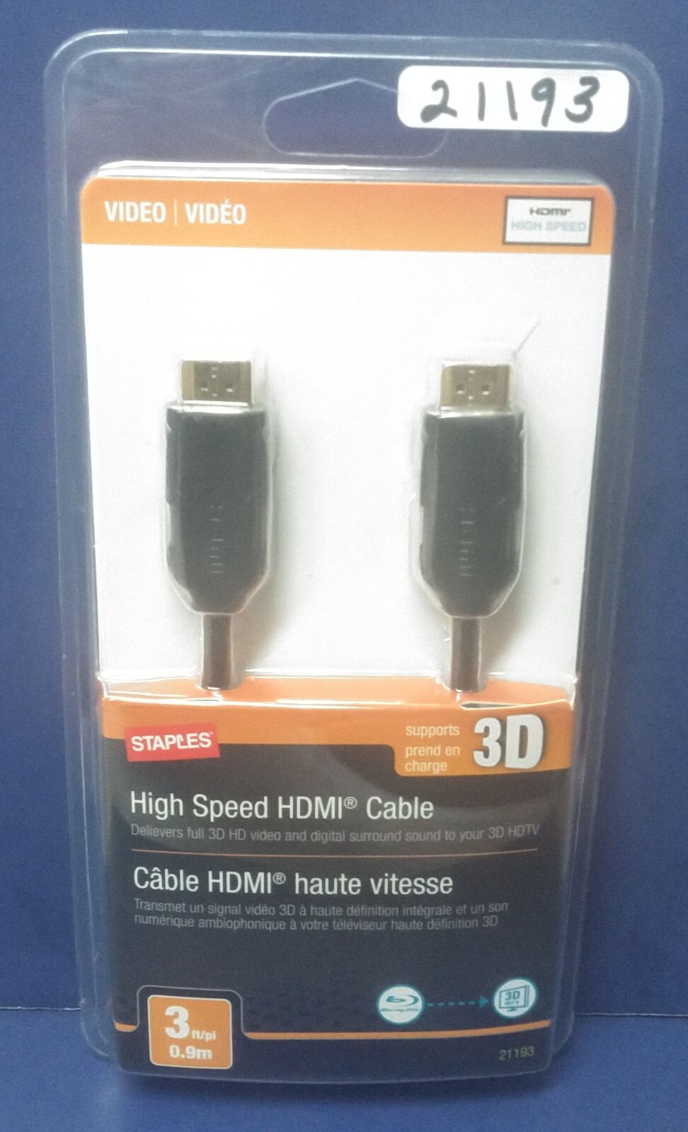 Staples  3 Ft High Speed 3D HDMI Cable  21193   