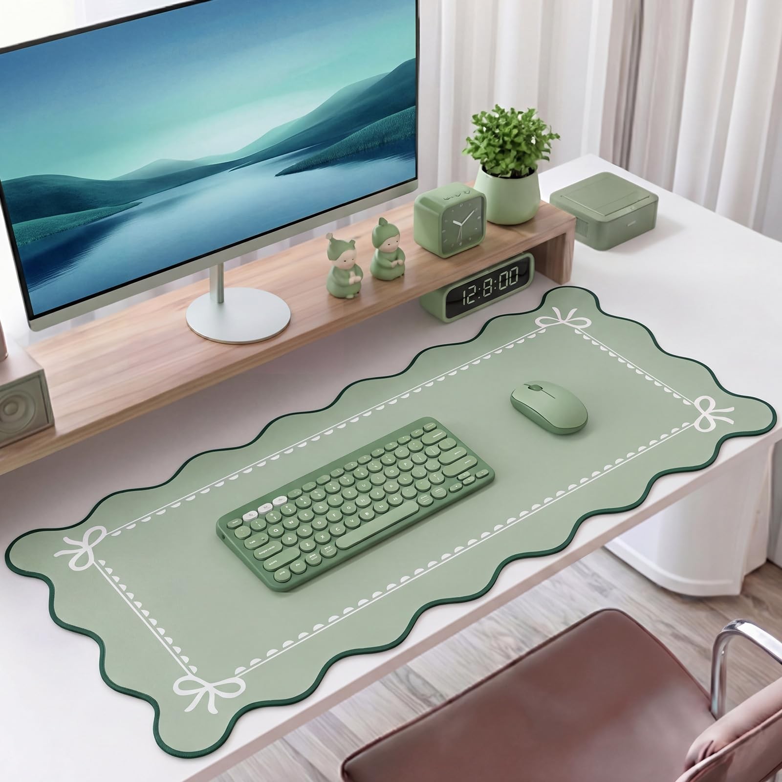 Scalloped Bow Desk Mat Coquette Pad, Light Green, 31.5x15.7in