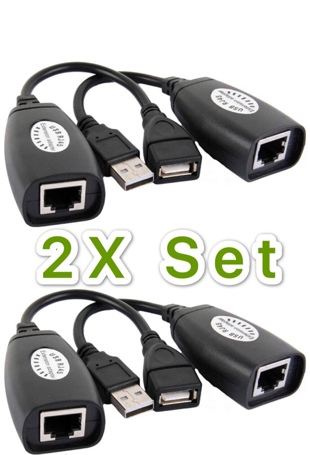 2X Set USB Extension Ethernet RJ45 Cat5e/6 Cable Adapter Extender Over Repeater