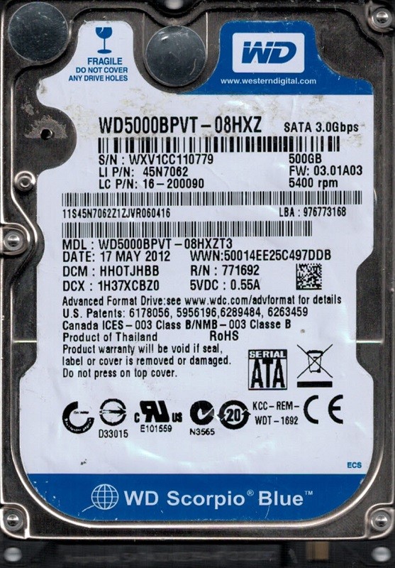 WD5000BPVT-08HXZT3 DCM: HHOTJHBB WXV1C Western Digital 500GB