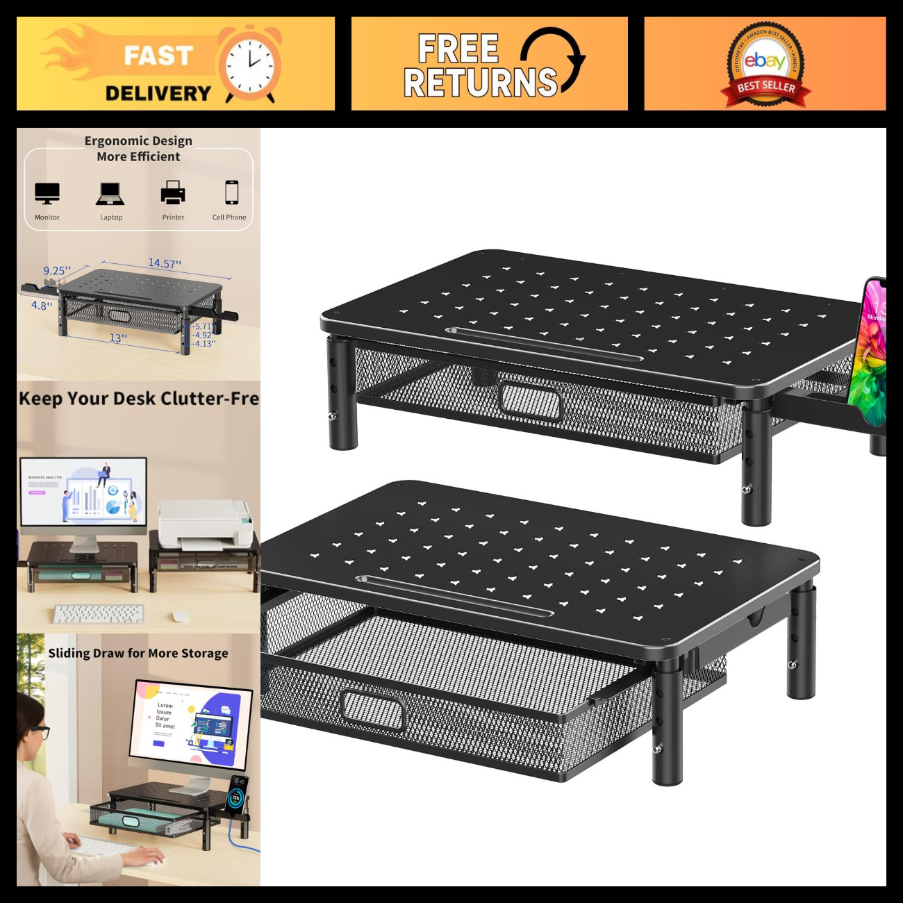 2-Pack Adjustable Monitor Stand Riser with Metal Drawer, 3 Height Options