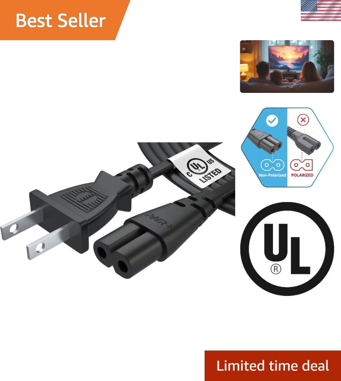Reliable 6 Feet Black 2 Prong Power Cord - Compatible with Various Devices