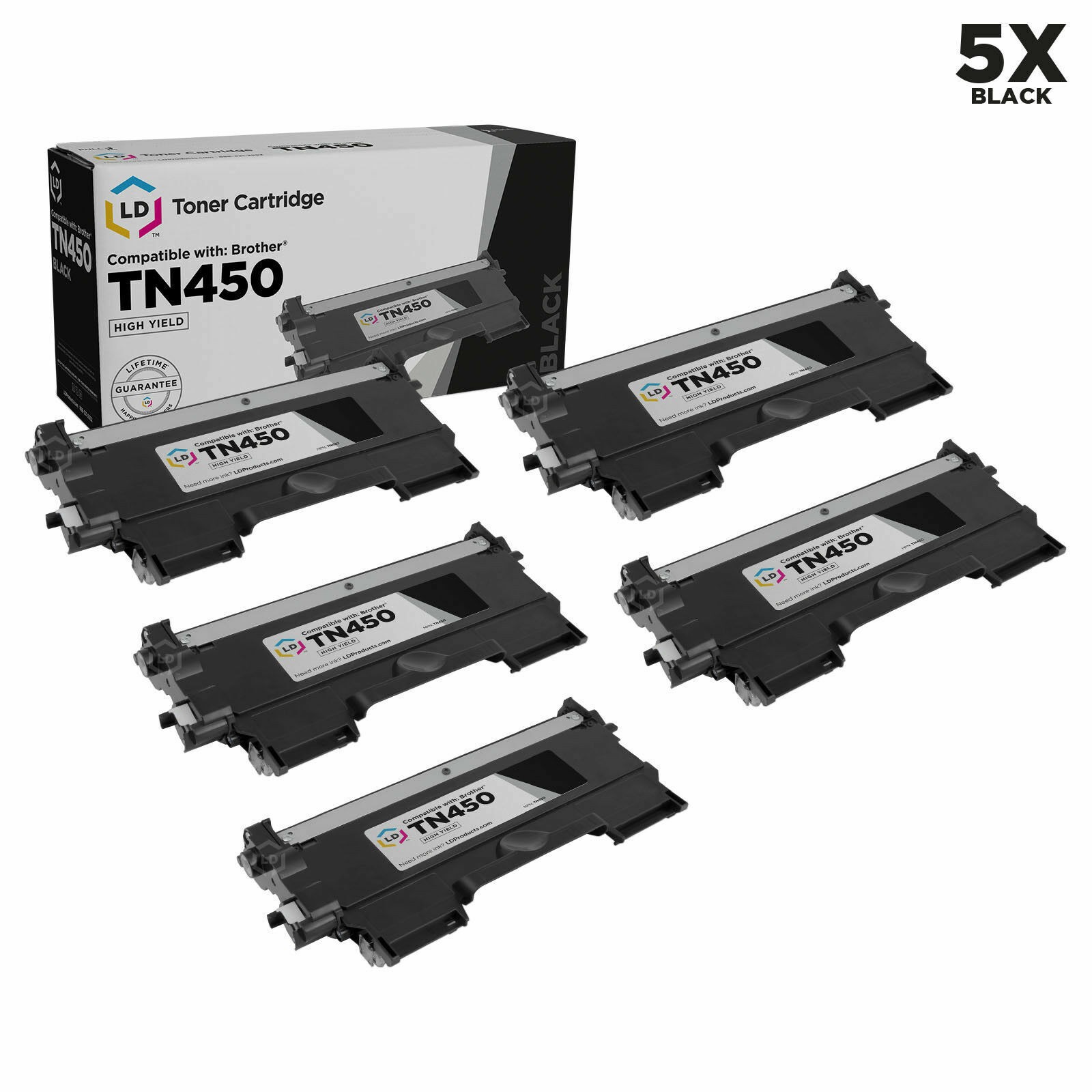 LD 5pk for Brother TN450 HY Black Toner Cartridge DCP-7060D DCP-7065DN TN-450