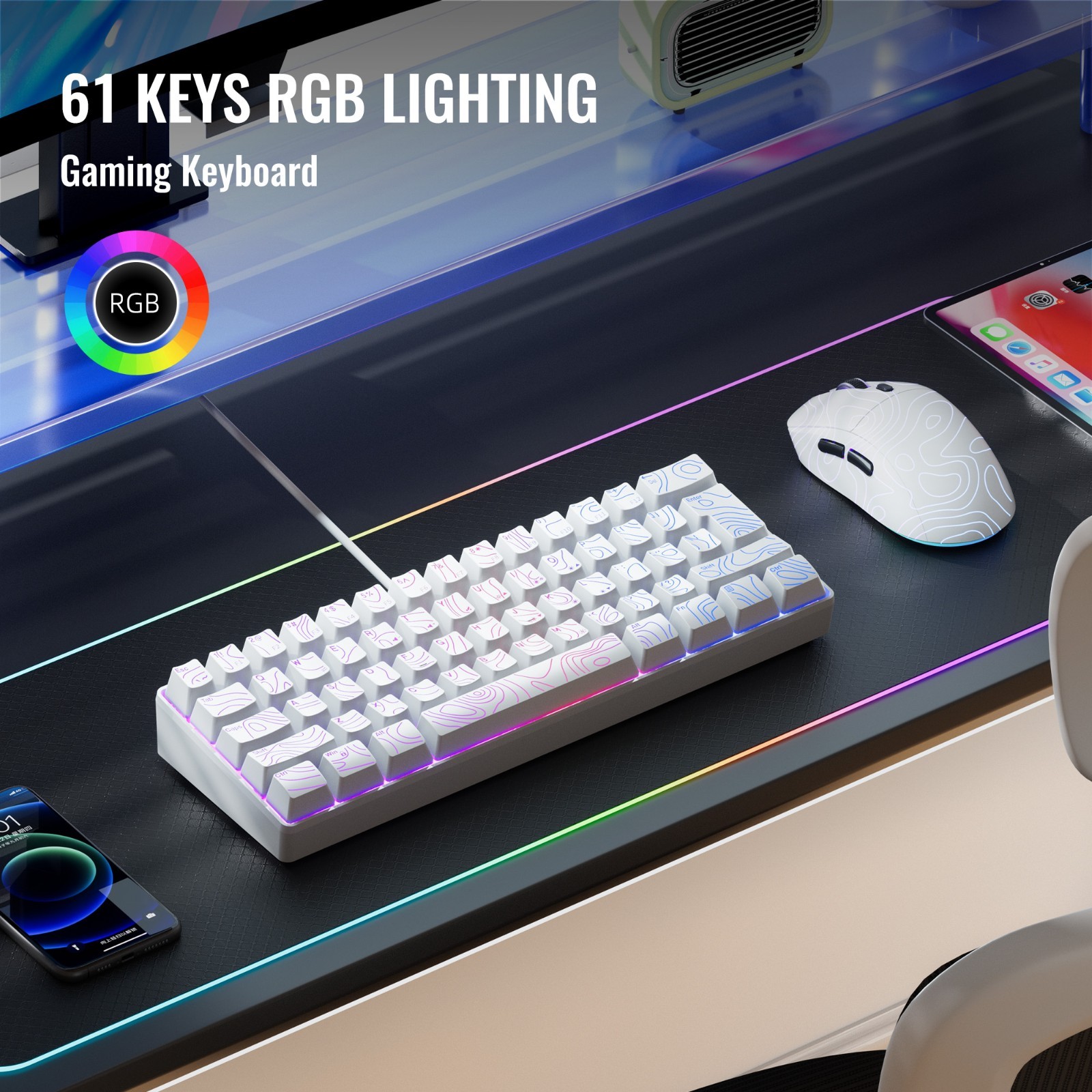 Wired RGB Keyboard 61-Key Membrane Gaming Keyboard for Windows PC Laptop White