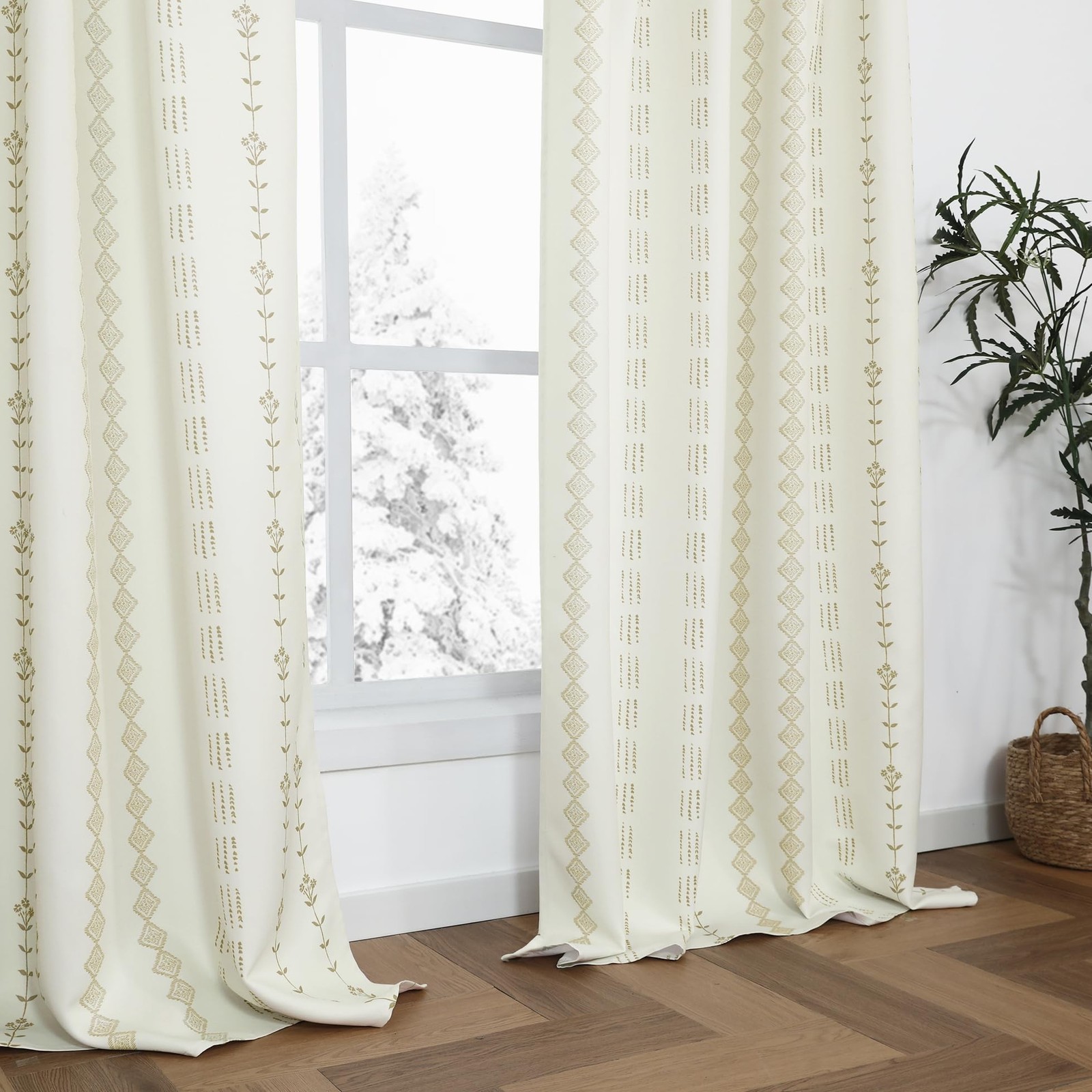 Neutral Tan Beige Country Farmhouse Curtains, Semi Blackout Boho Striped Flor...