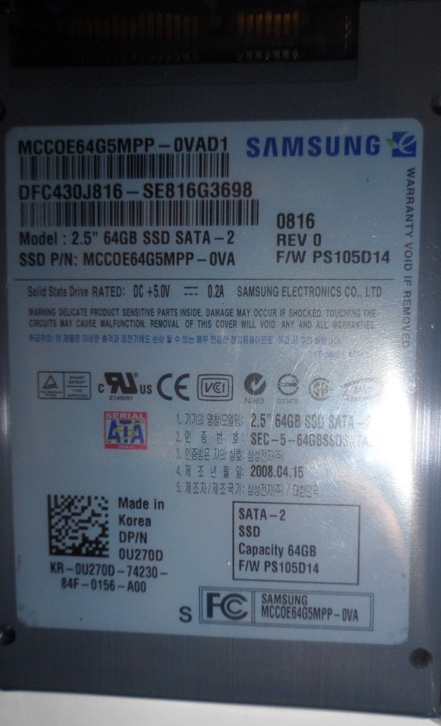 Samsung SSD LAPTOP 64GB 2.5 SSD SATA 2 HARD DRIVE 