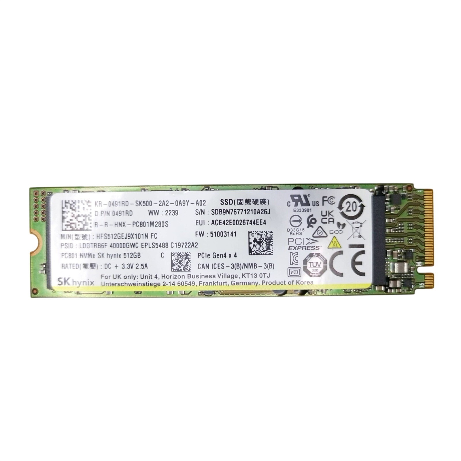 SK hynix PC801 512GB NVMe PCIe Gen4 x4 M.2 2280 SSD HFS512GEJ9X101N FC