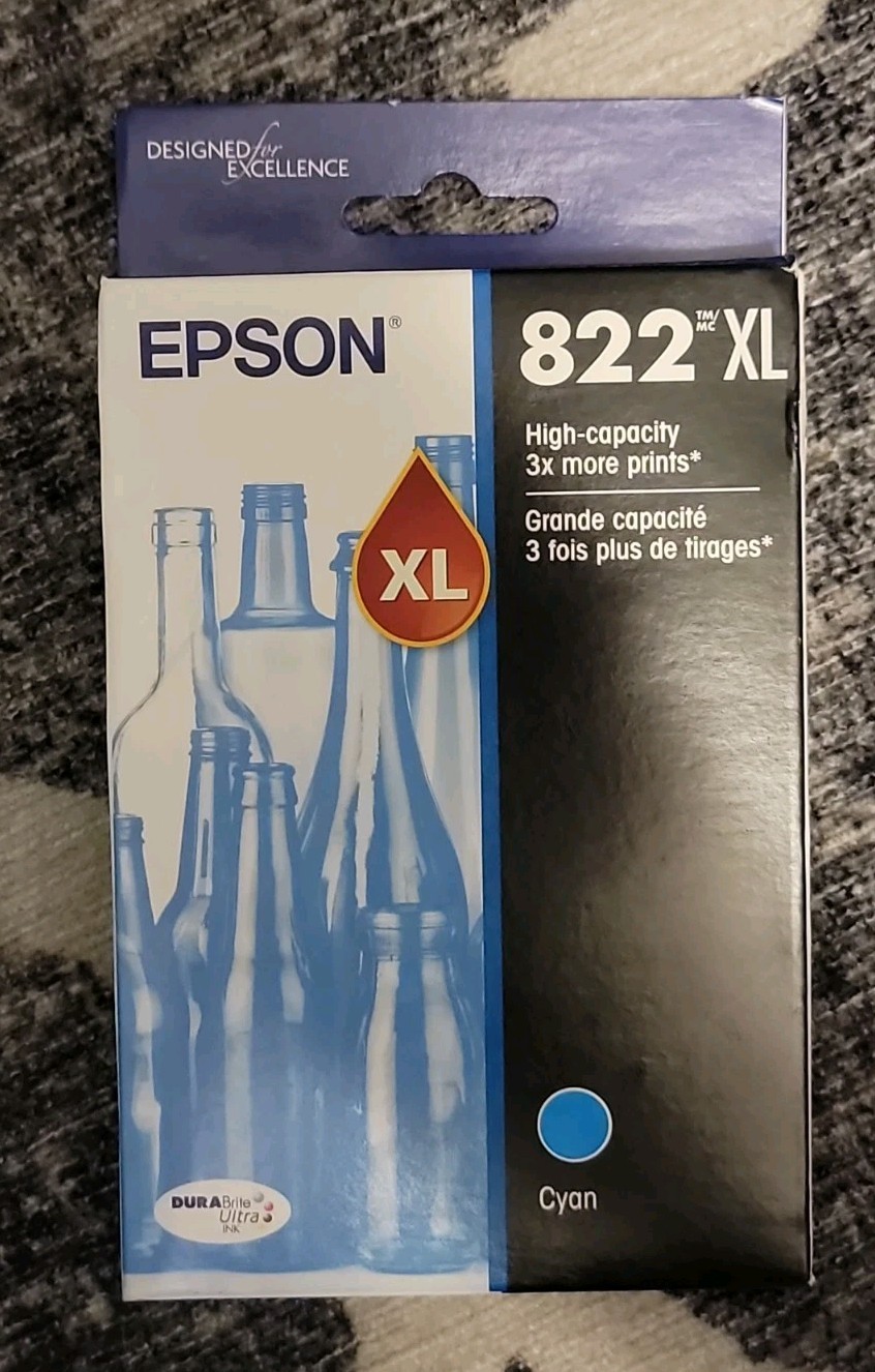 Epson 822XL Genuine High Capacity Cyan Ink Cartridge T822XL220, Exp 01/29 SEALED