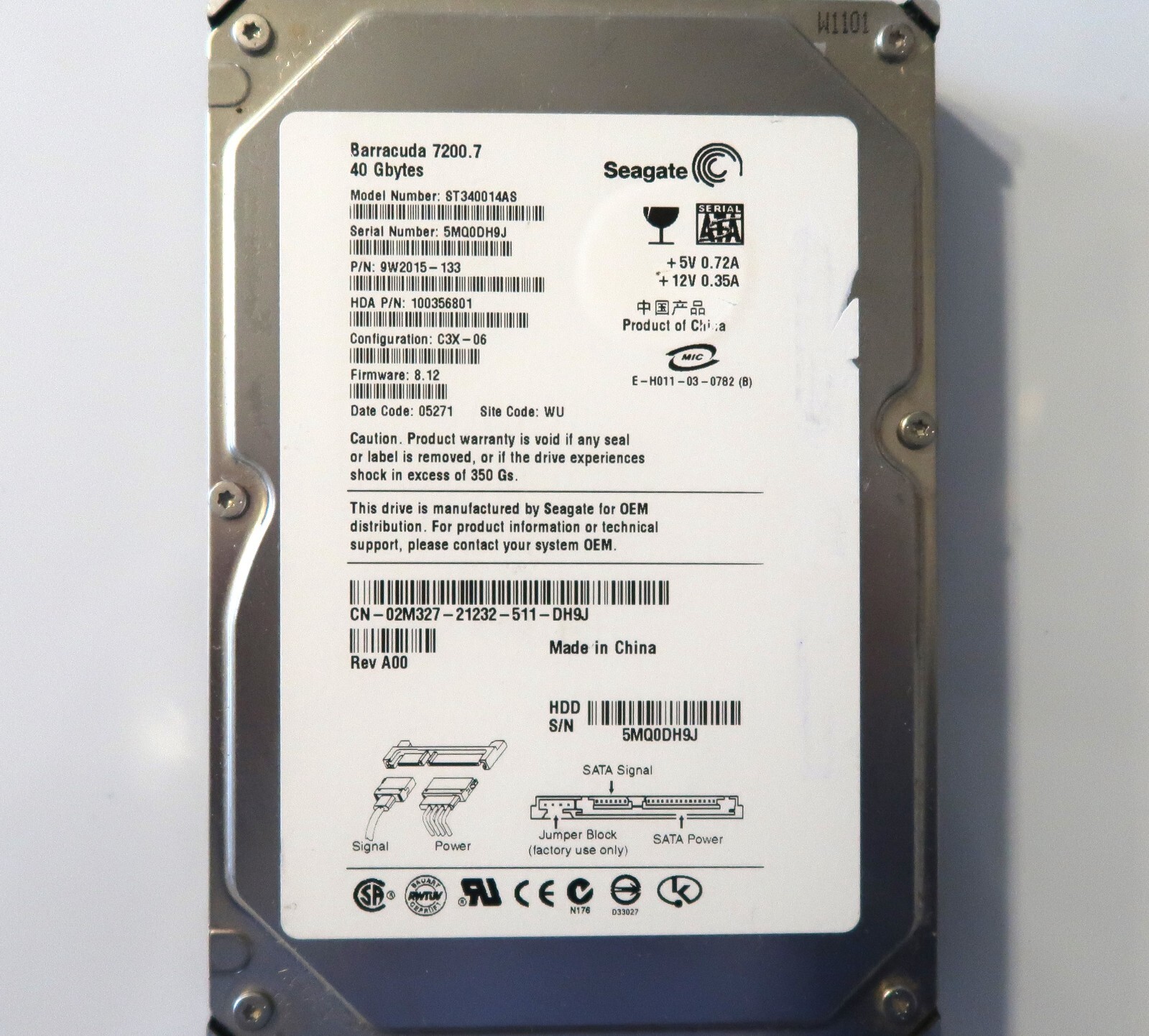 Seagate ST340014AS 9W2015-133 WU 8.12 (5MQ) China 40gb Sata 3.5" HDD 12.2004