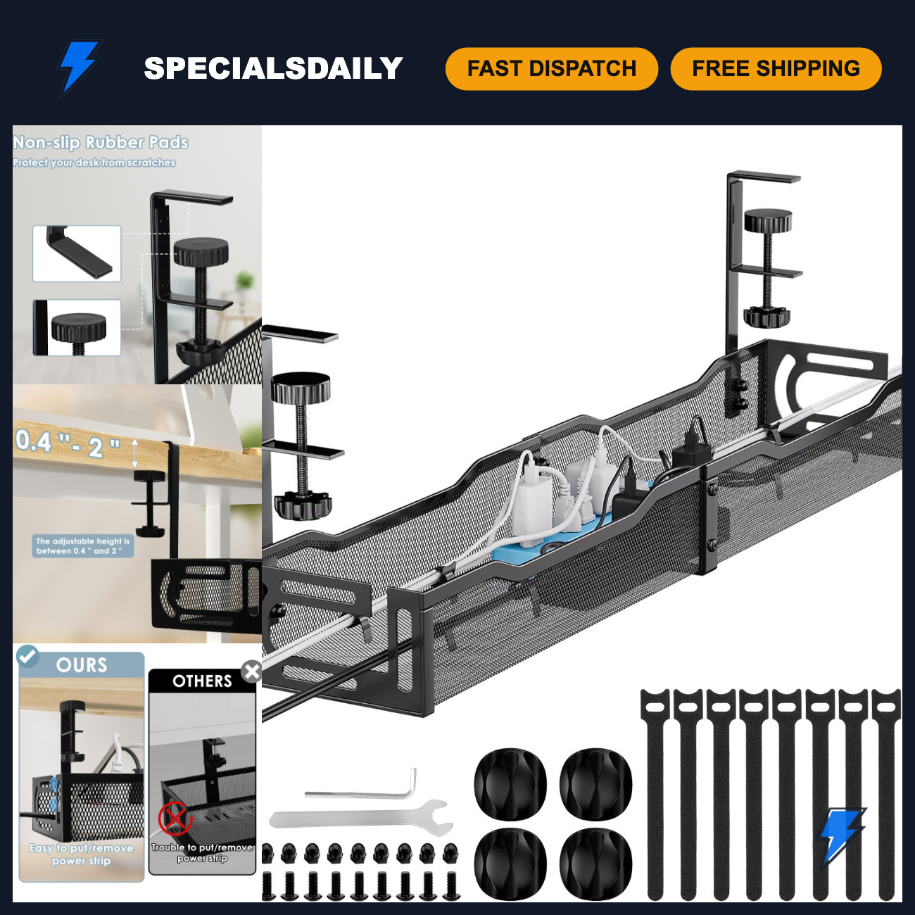 Under Desk Cable Management Tray, 25'' Organizer for Cords & Wires, Tidy Setup
