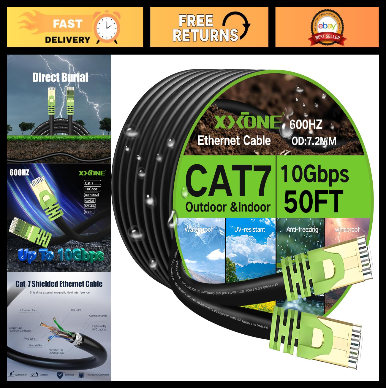 150ft Cat7 Outdoor Ethernet Cable, 10Gbps, Waterproof, Heavy-Duty SFTP LAN Wire