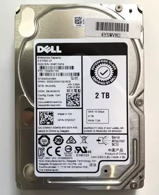 New Dell 0TMVN7 TMVN7 2TB ST2000NX0463 7.2K SAS 2.5" SFF 12Gb HDD no tray