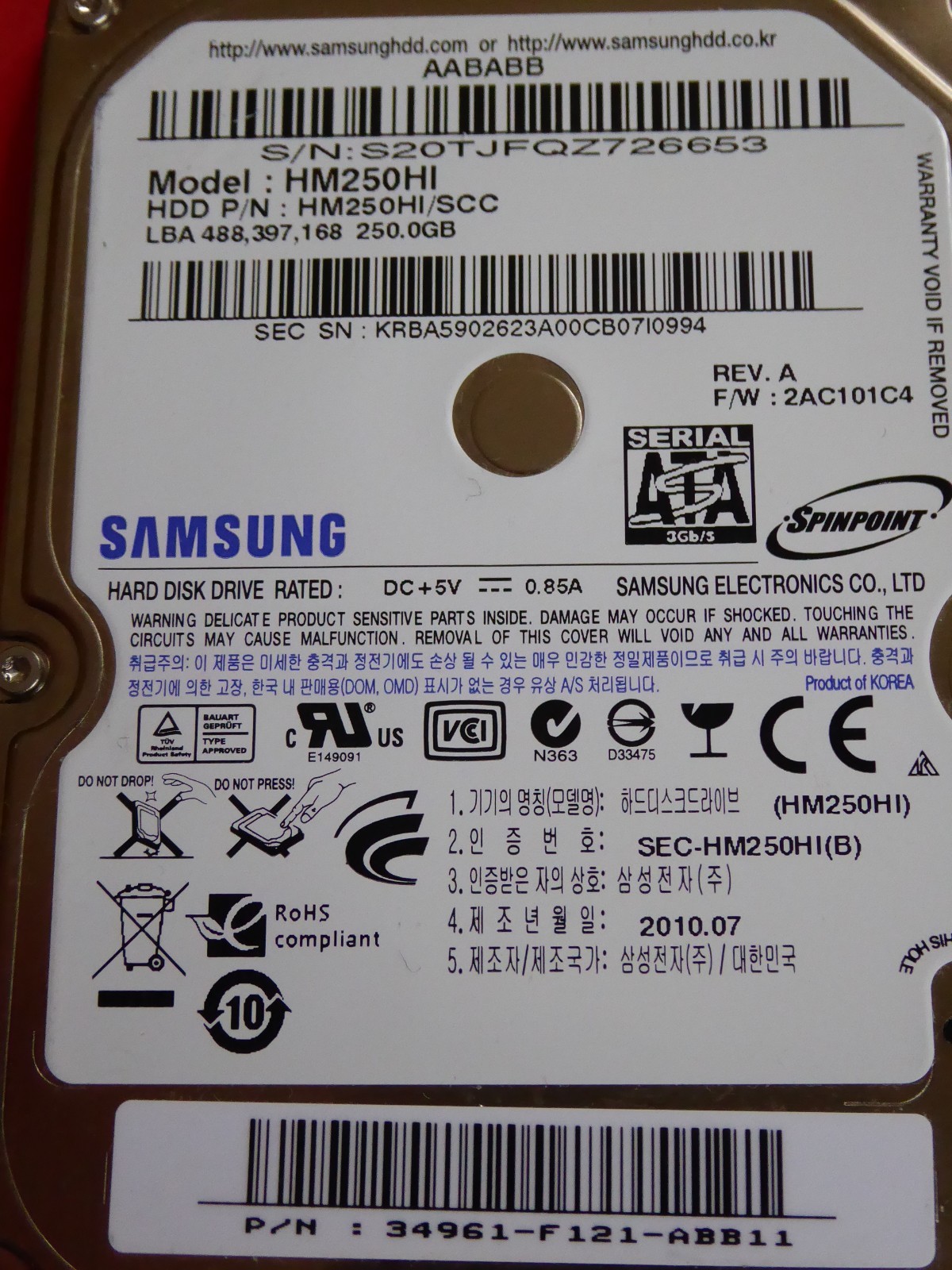 Samsung HM250HI /SCC | P/N: 34961-F121-ABB11 | 2010.07 | F/W: 2AC101C4 | 250GB