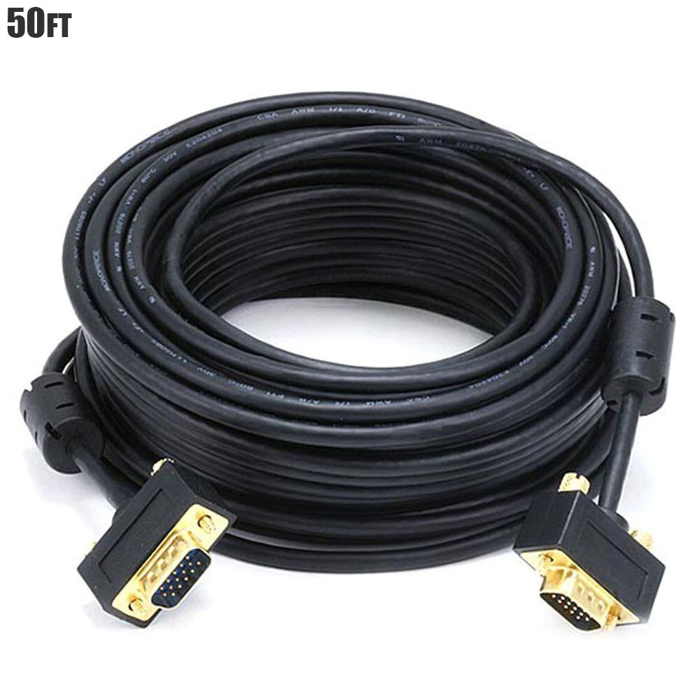 50FT SVGA VGA Male to Male Monitor Cable Ultra Slim Cord Gold w/ Ferrite Cores 