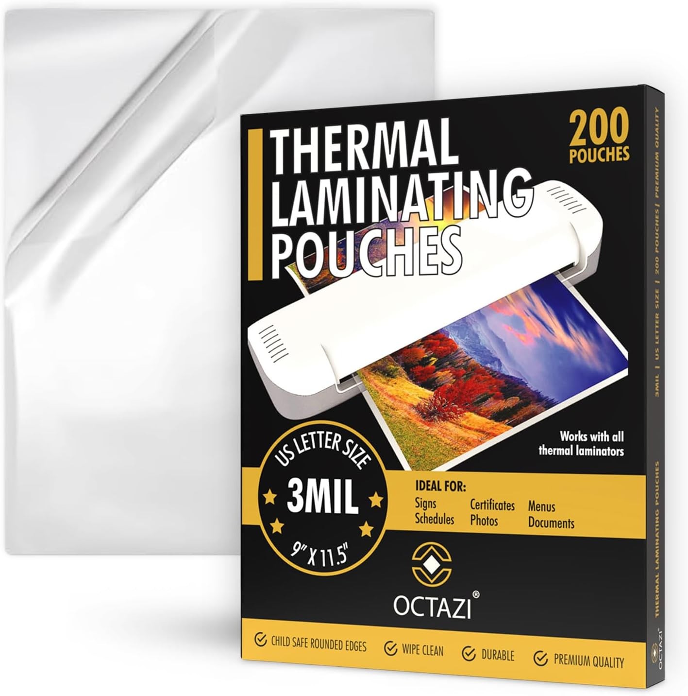 Thermal Laminating Pouches 3MIL – 200 Pack, 9 x 11.5 Inches – Glossy,