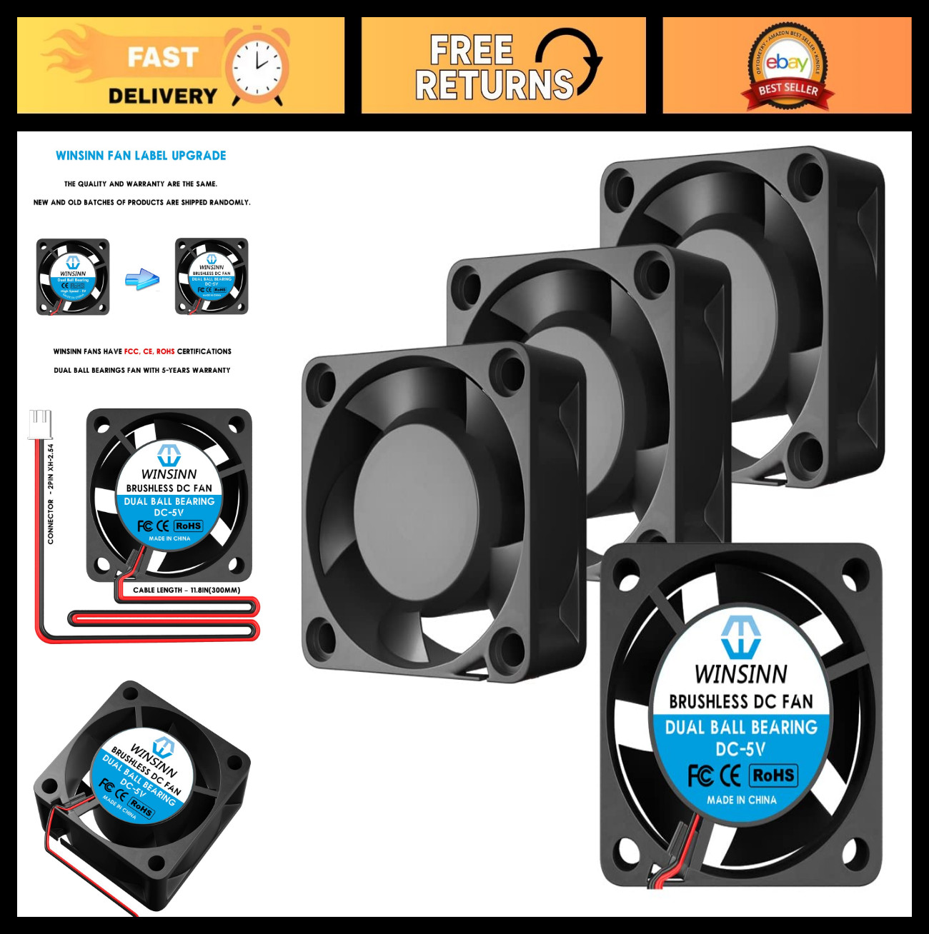 40mm 5V Quiet Cooling Fan - Dual Ball Bearing, 7000 RPM, Brushless, 4Pcs for 3D