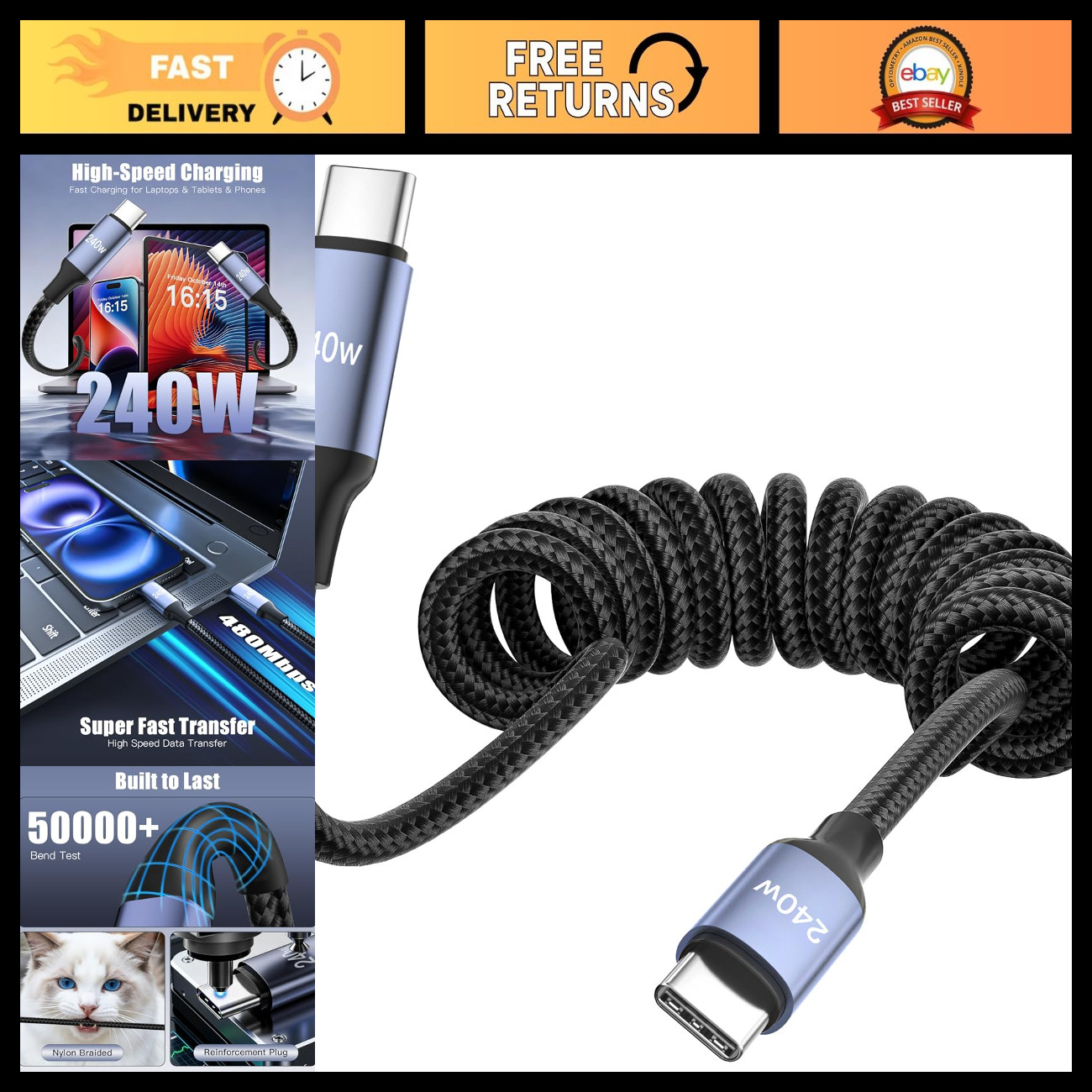 240W Coiled USB C to USB C Cable, Braided Fast Charger for Car & Home Use