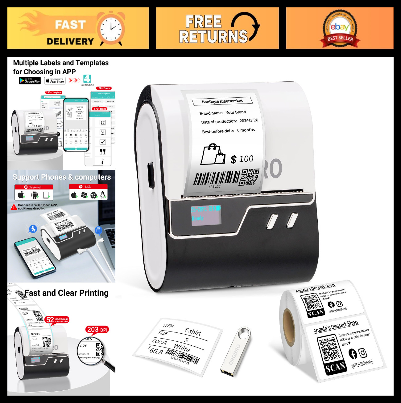 Bluetooth Thermal Label Maker - 3" Barcode Printer for Address, Small Business &