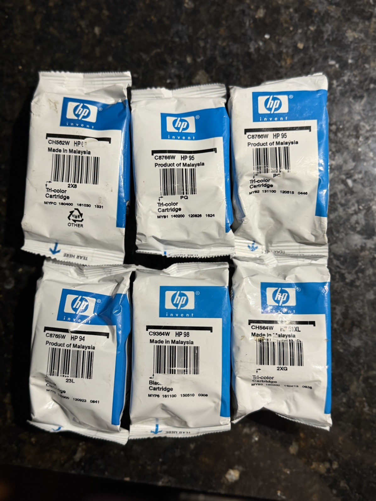 Lot of 6 Genuine HP Ink Cartridges Sealed Inner Foil 61 61XL 94 95 98 OEM Exp.