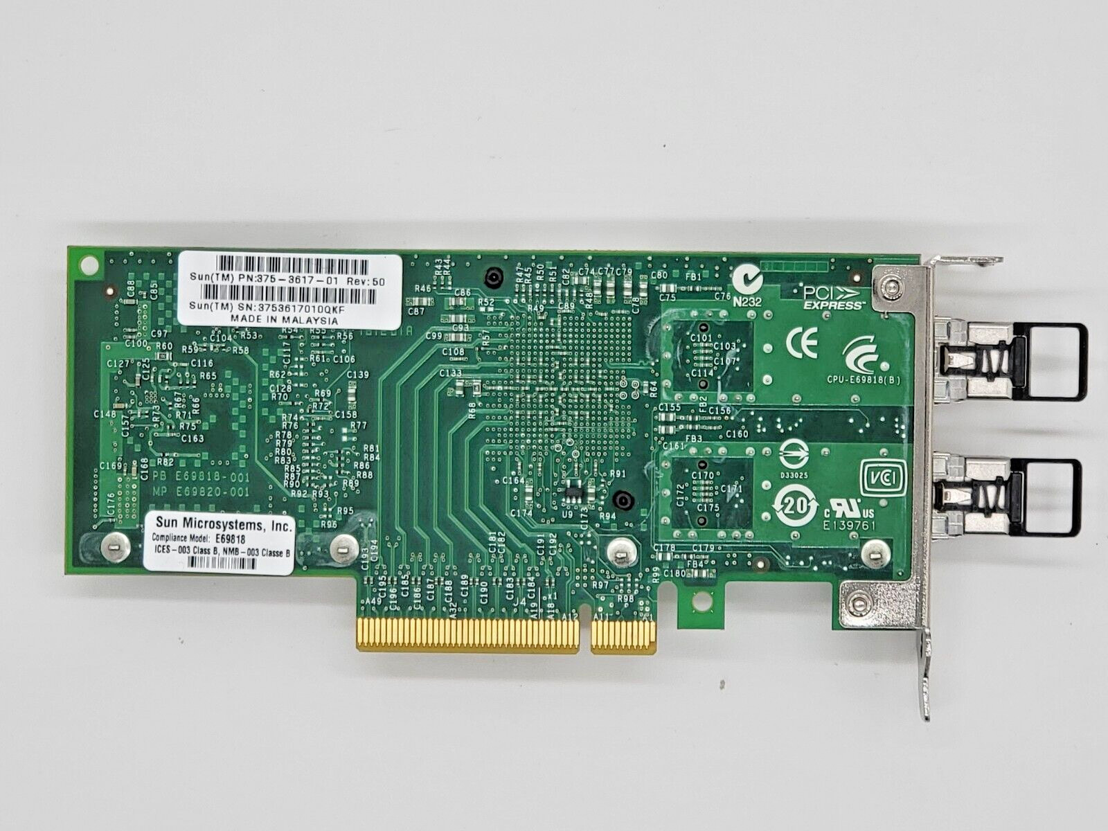 Sun Micro systems E69818 10GB Dual Port Ethernet Adapter w/SFPs PCIe 375-3617-01