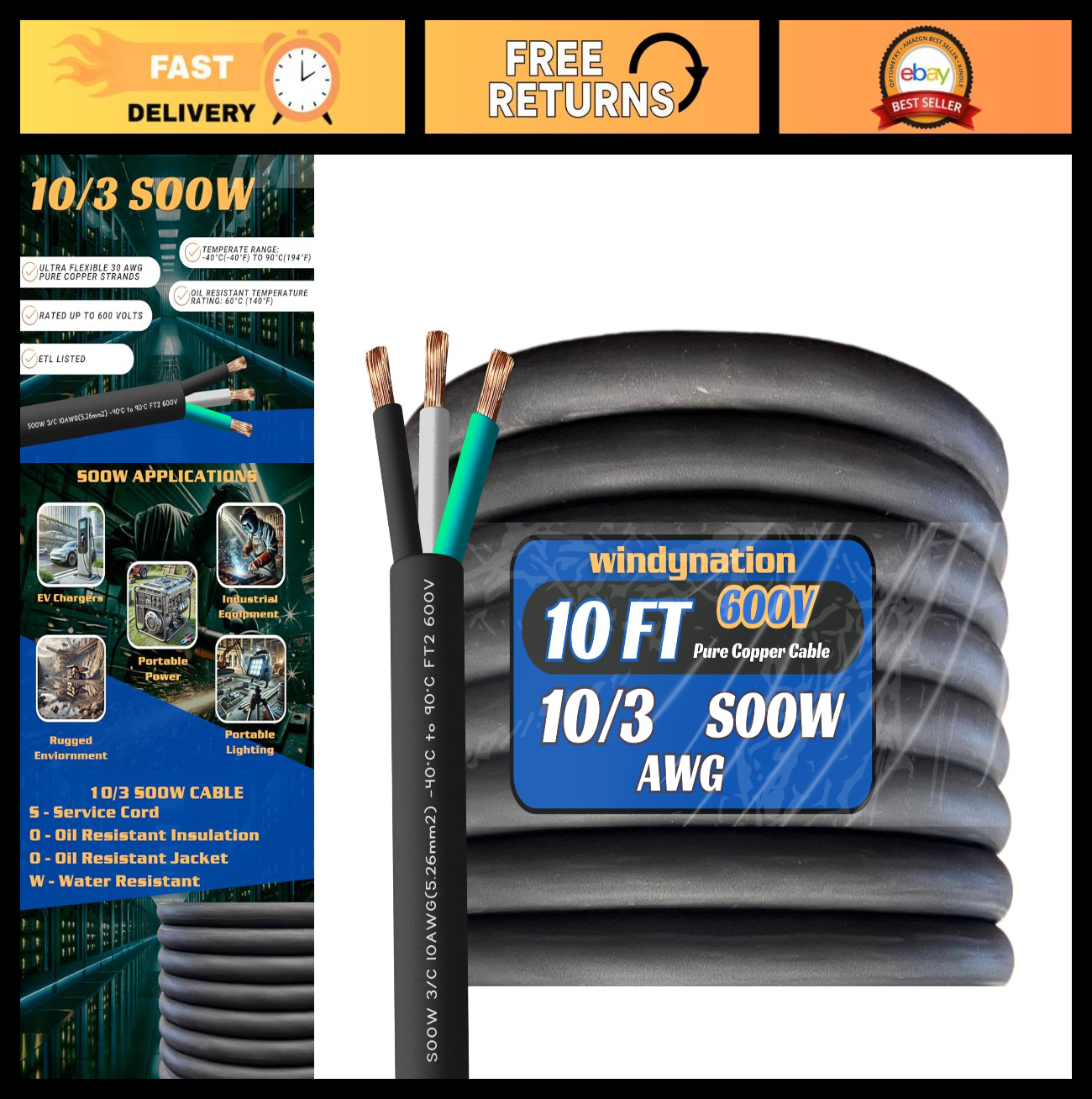 10ft 10/3 10 AWG SOOW Extension Cord - 3 Conductor 600V Power Cable for EVs, Lig