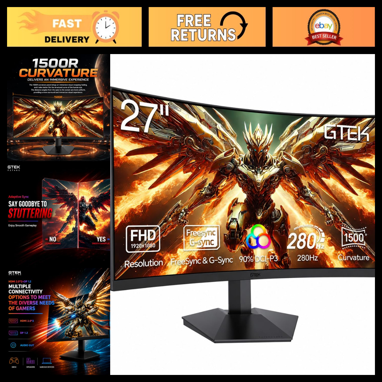 27" Curved Gaming Monitor 280Hz 1080P FHD, 1ms MPRT, FreeSync, HDR, VESA Compati