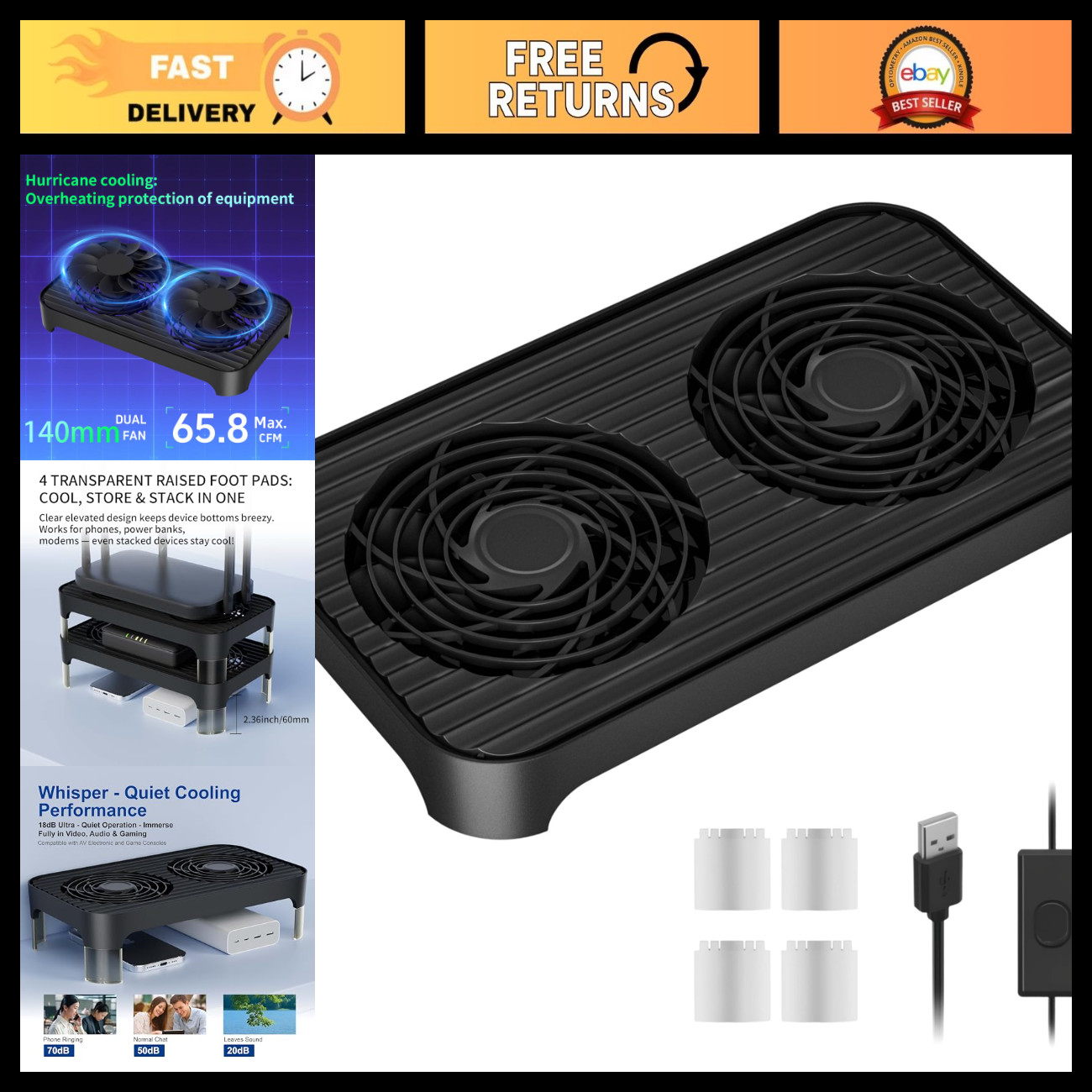 High-Speed Dual 140mm USB Cooling Fan - Quiet, Stackable Design for PC, Laptop,