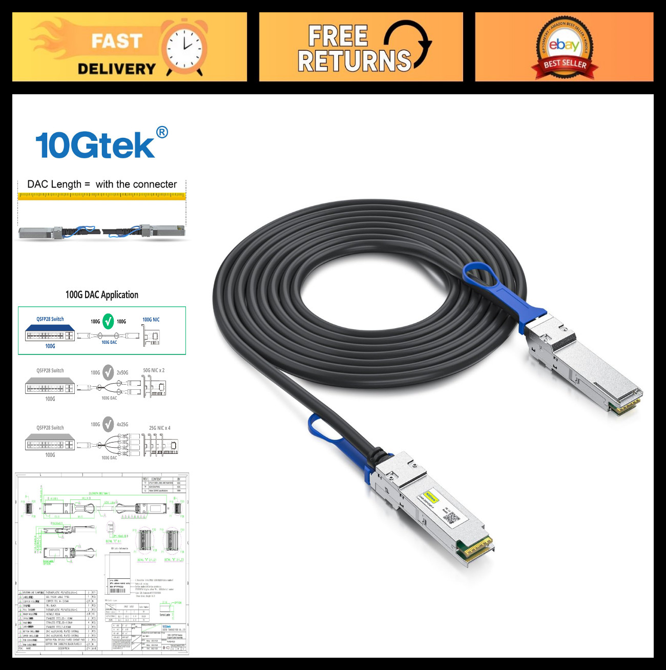 100Gb/s QSFP28 DAC Cable 2M 30AWG - High-Speed Network Cable for Ethernet Switch
