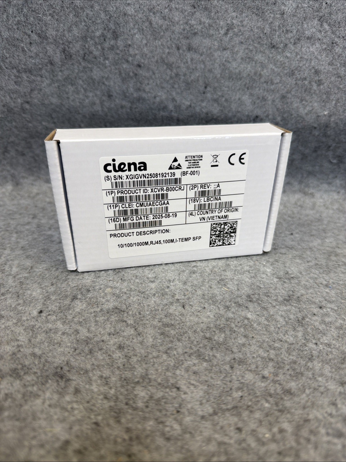 Ciena XCVR-B00CRJ SFP-1G-TX 10/100/1000M SFP-T RJ45 CONNECTOR SGMII 100 m length