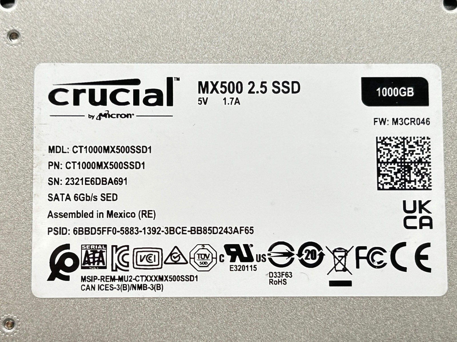 Crucial MX500 CT1000MX500SSD1 2.5" SATA SSD — 1000GB (1TB) | 45% Health