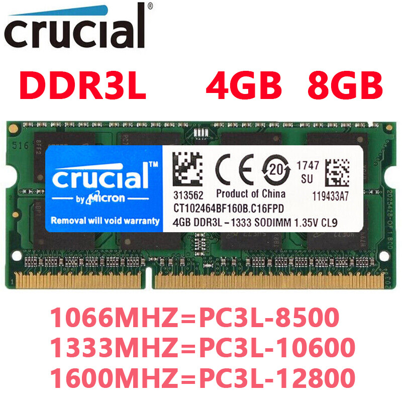 CRUCIAL DDR3 DDR3L 4GB 8GB 16GB 1600 1333 1066 Laptop Memory RAM SODIMM 204-Pins